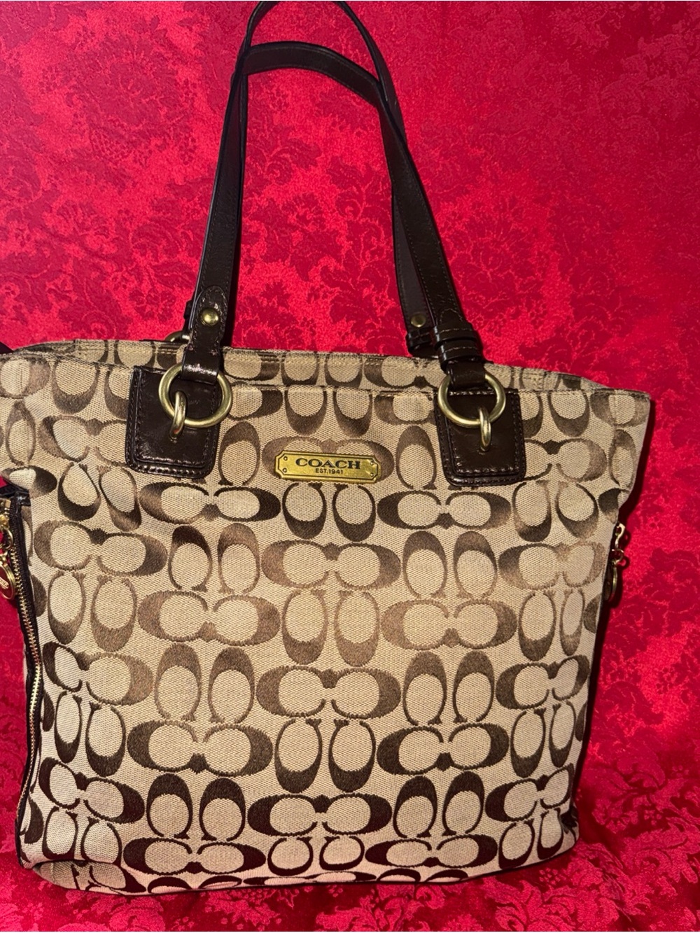 Coach Brown Signature Canvas Tote with Dark Brown Leather Trim - Picture 1 of 12